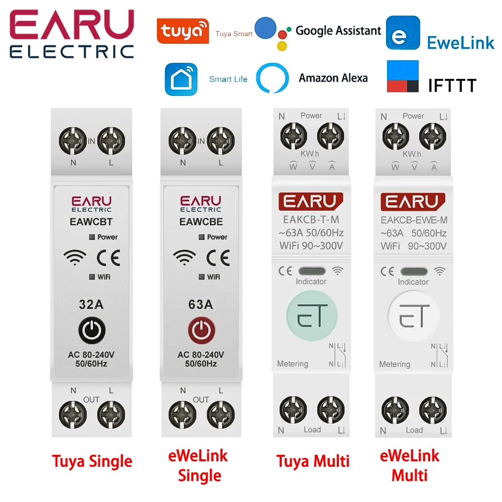 Tuya eWeLink WiFi Smart Circuit Breaker MCB 1P 63A Power Energy kWh Voltage Curr
