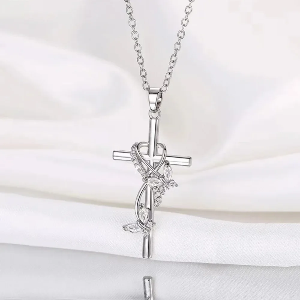 Cross Necklaces Silver Color Long Chain Simple Pendants for Women Jewelry Gifts