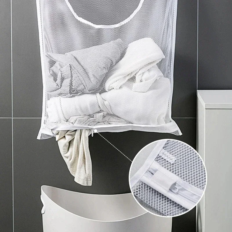 Foldable Mesh Dirty Clothes Storage Bag with Hook - Wall Hanging Laundry Basket Frame Bucket for Clothing Org
