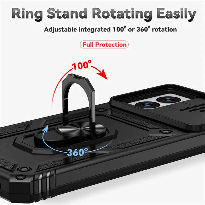 Shockproof Armor Phone Case with Magnetic Ring Holder and Slide Lens Protector