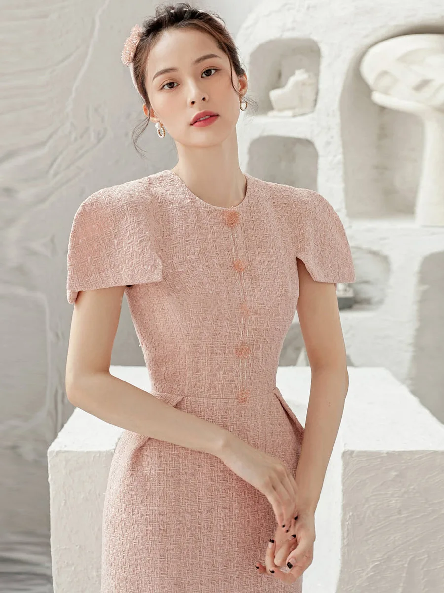 

Coigarsam женское длинное платье офисные женские однотонные розовые платья на молнии с коротким рукавом