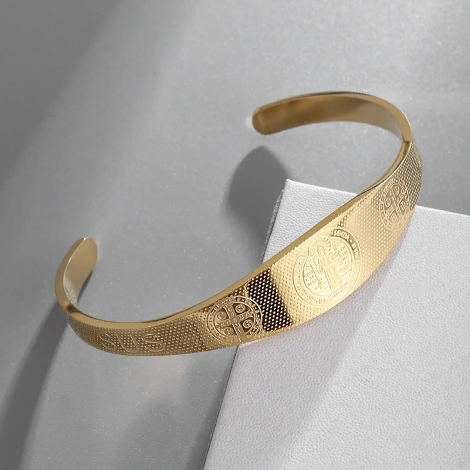 Saint Benedict Open Bangle Bracelet - Blessing & Protection Stainless Steel Jewelry Gift