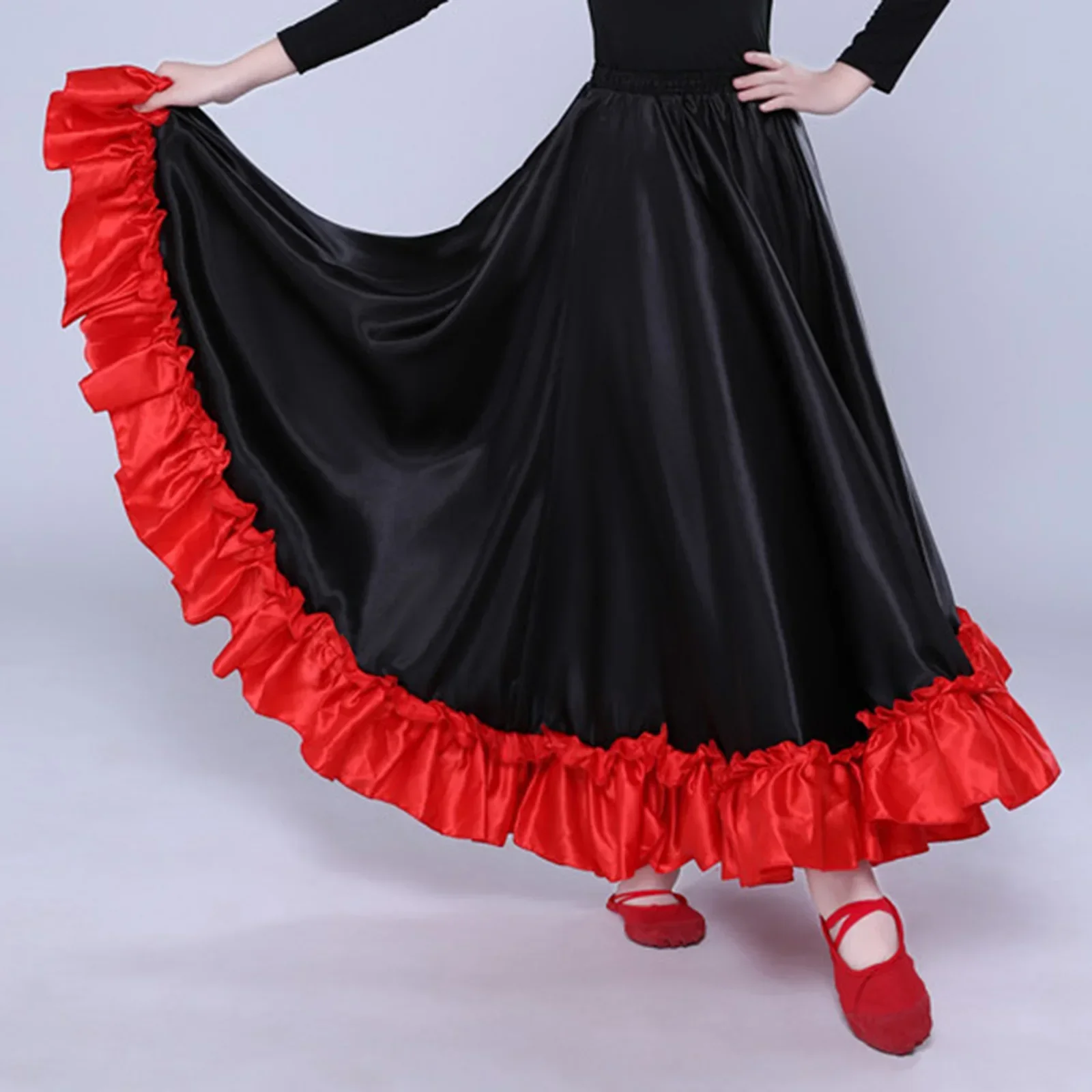 Kids Girls Spanish Paso Doble Matado Skirt Flamenco Latin Dance Stage Performance Costume Big Swing Ruffled Hem Skirt Dancewear kids flamenco skirt