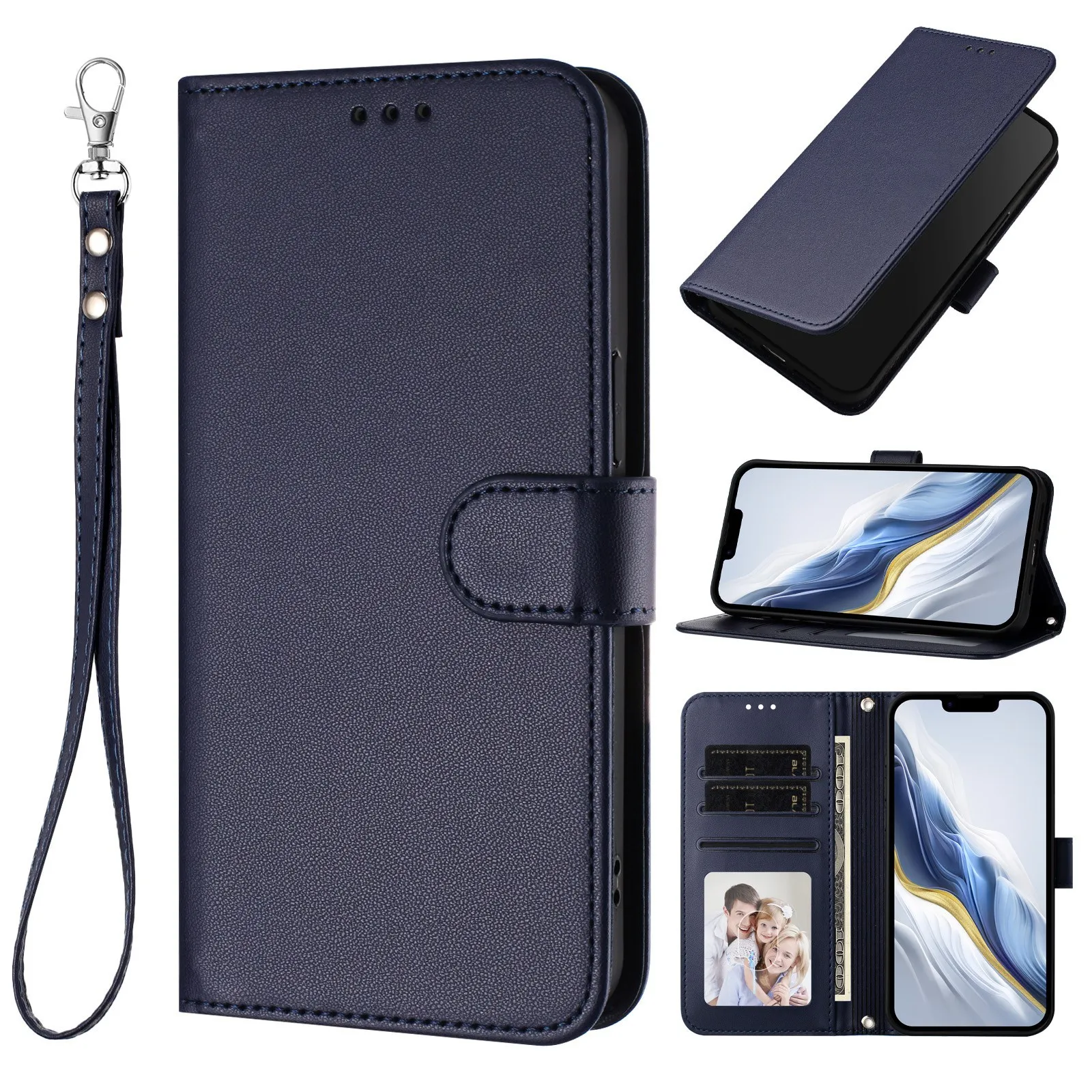 Elegant Lanyard Leather Flip Wallet Case with Wristlet and Card Slots