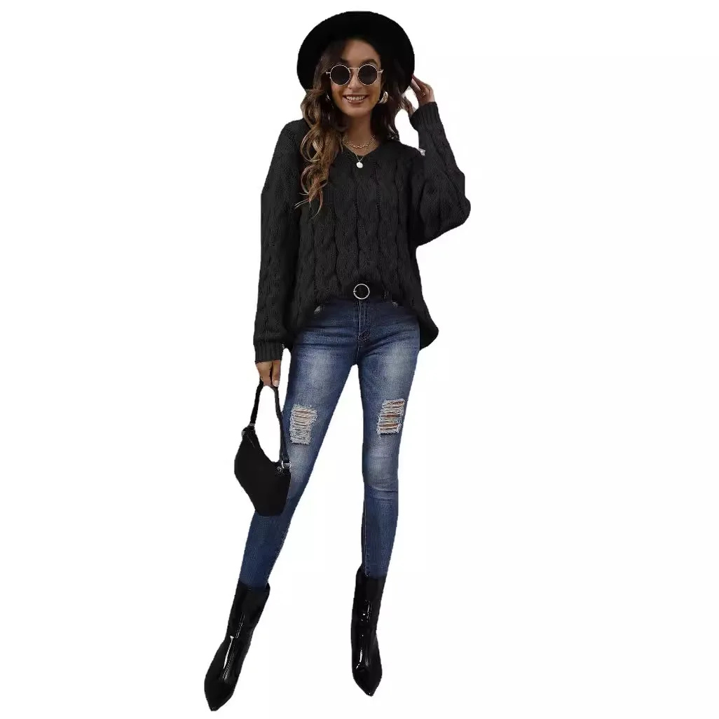 Women Thick Knitted V Neck Pullover Sweater Autumn Winter