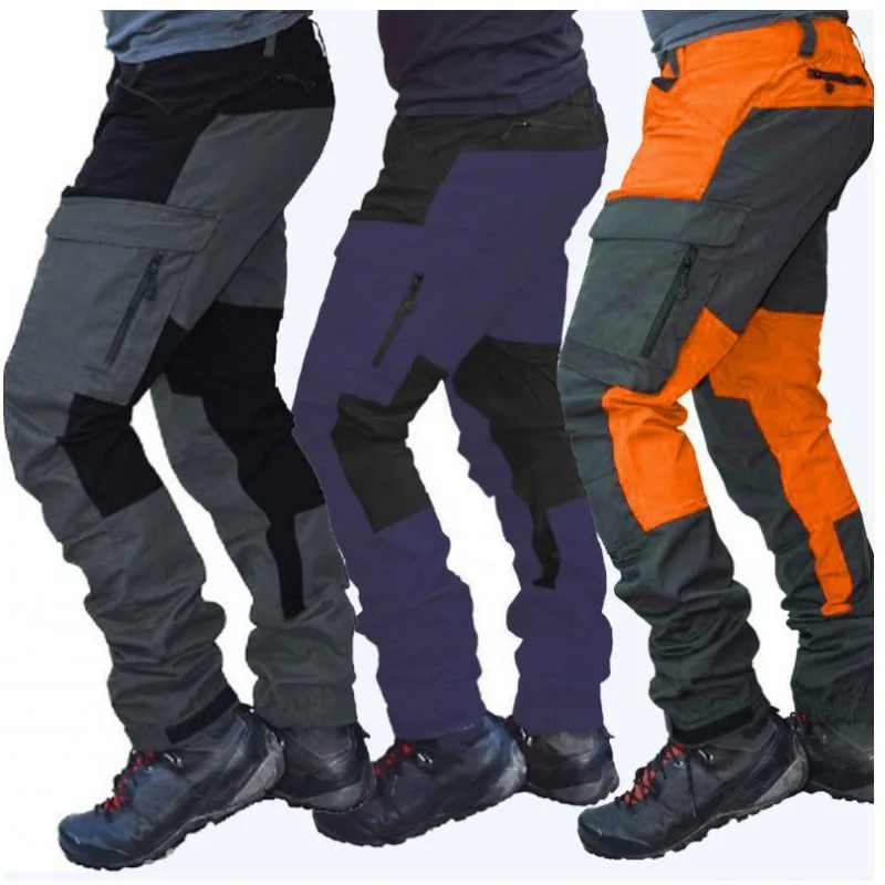 New Men's Slim Fit Cargo Pants Multi-Pocket Color Block Work Trousers for Outdoor Motorcycle Casual Wear