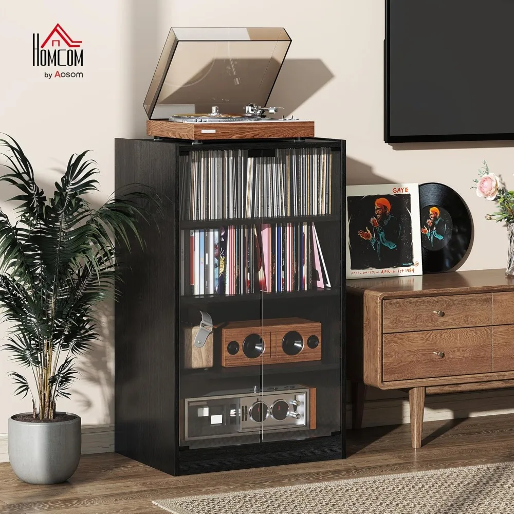 media cabinet, 4-tier stereo cabinet, record player stand with vinyl record storage, adjustable shelves, tempered glass doors a