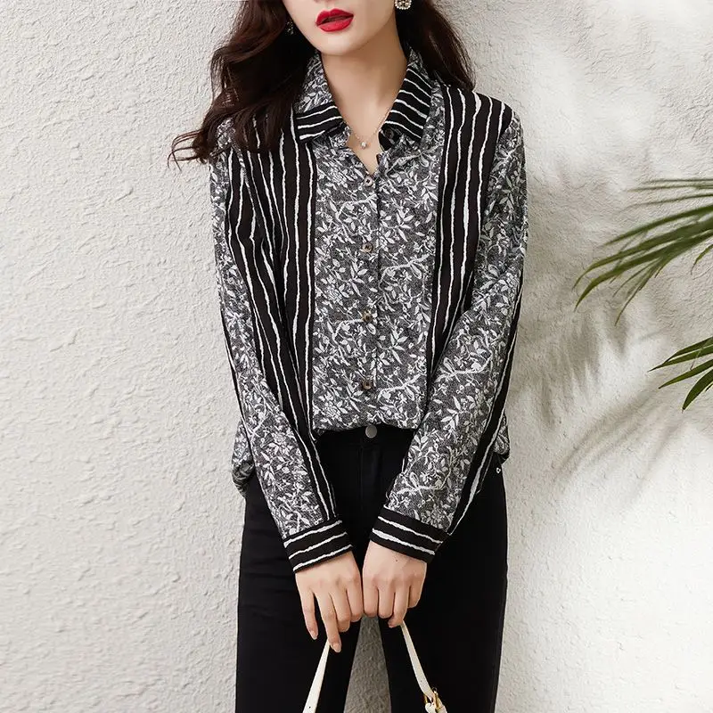 

Spring Long Sleeve Loose Oversized Fashion Striped Printed Lapel Casual All-match Simplicity Commute Temperament Women's Shirt