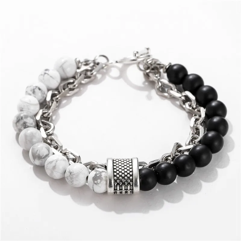 1 PCs Fashion Punk Frosted Stone Chain Geometric Double Layer Wear High Sense Trend All-Match Beaded Bracelet