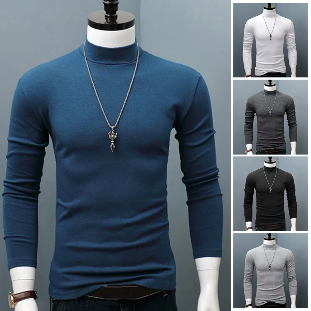 

Hot Winter Warm Men Mock Neck Basic Plain T-shirt Blouse Pullover Elastic Long Sleeve Top Youth Keep Warm Underclothes 2023