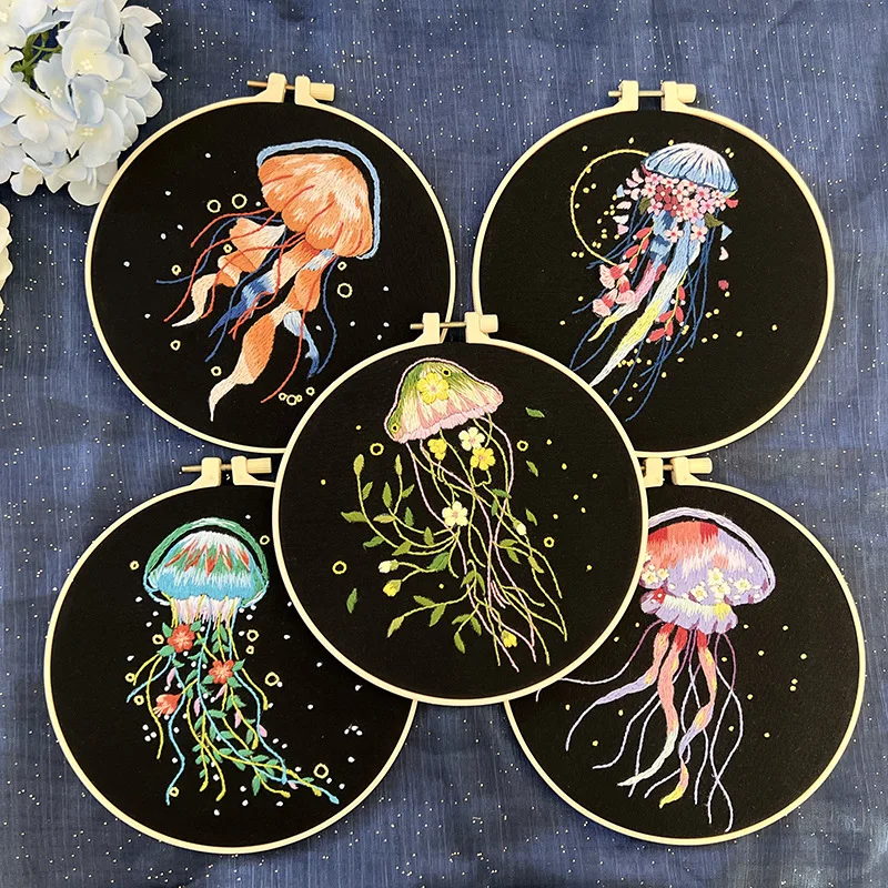 Stamped Embroidery Kit for Beginners with Jellyfish Pattern Cross Stitch kit  Color Threads Beach Ocean Style Cross Stitch Kit