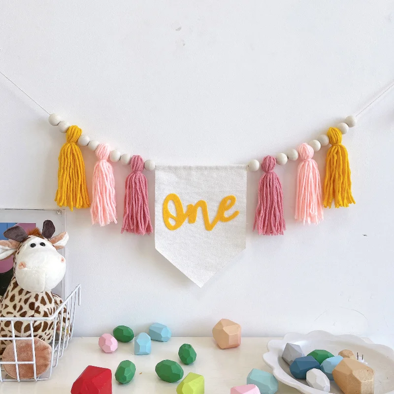 1PC INS Baby Shower ONE Highchair Banner Boy Girl 1st Kids Birthday Handmade Wooden Bead Garland Wool Backdrop Decorations