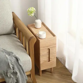 Solid Wood Bedside Table Nightstands, Slim Narrow Oak Real Wooden Mid-Century Modern End Table with Drawers Luxury Side