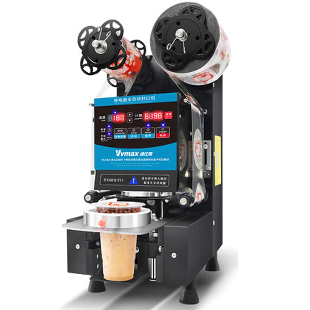 Máquina automática de sellado de tazas, sellador de plástico para taza de papel, leche, té, comida, Seaer, película eléctrica de té de burbujas, versión en inglés