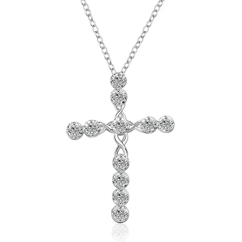 45cm 925 Sterling Silver Crystal Pendant Necklace Wedding Charms Women Fashion Jewelry Classic Cross Gift
