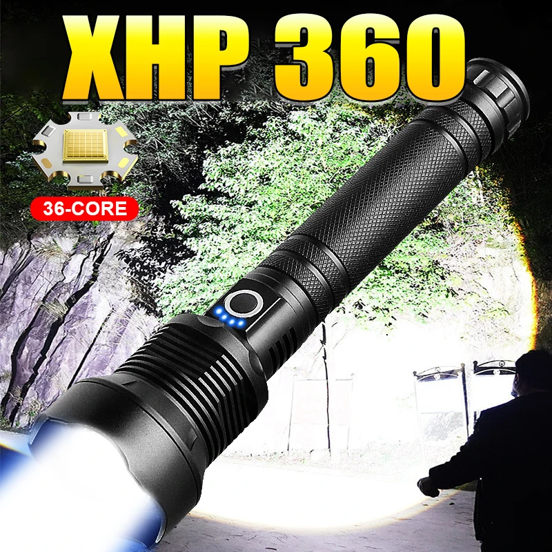 초강력 전술 핸드 램프 줌 사냥 랜턴, XHP360 LED 손전등, 26650 충전식 토치, 고출력 LED 플래시 라이트