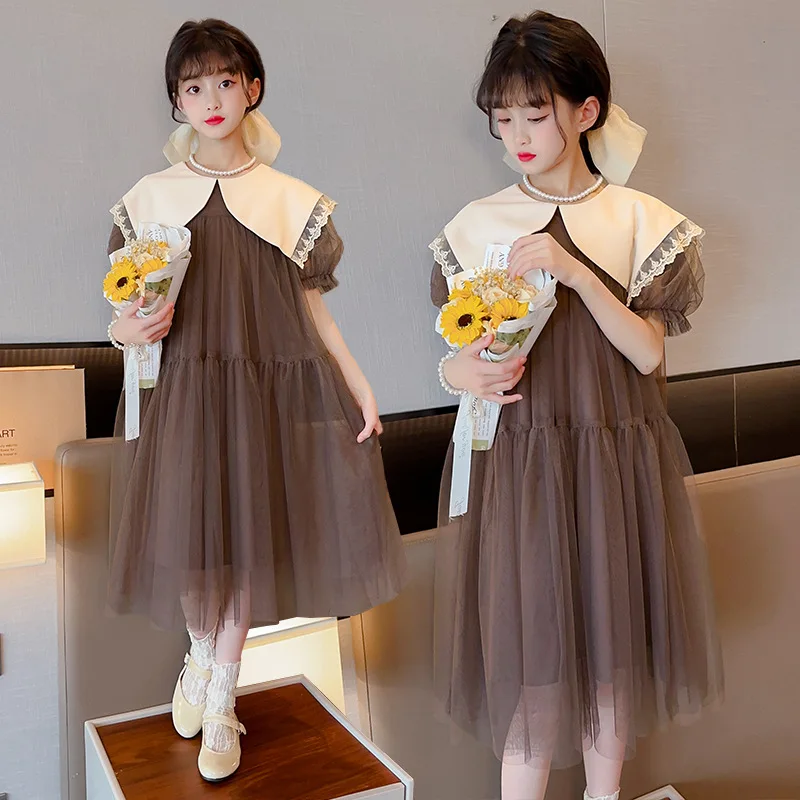 

Fashion Style Clothes Girls Large Lapel Dress Summer Korean Big child dress 4-12 years old youth short sleeve princess dress