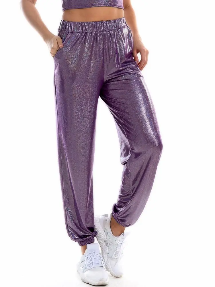 Dames hoge taille pailletten losse draperen wijde pijpen broek mode casual broek jurk joggingbroek voor vrouwen, Paars, S