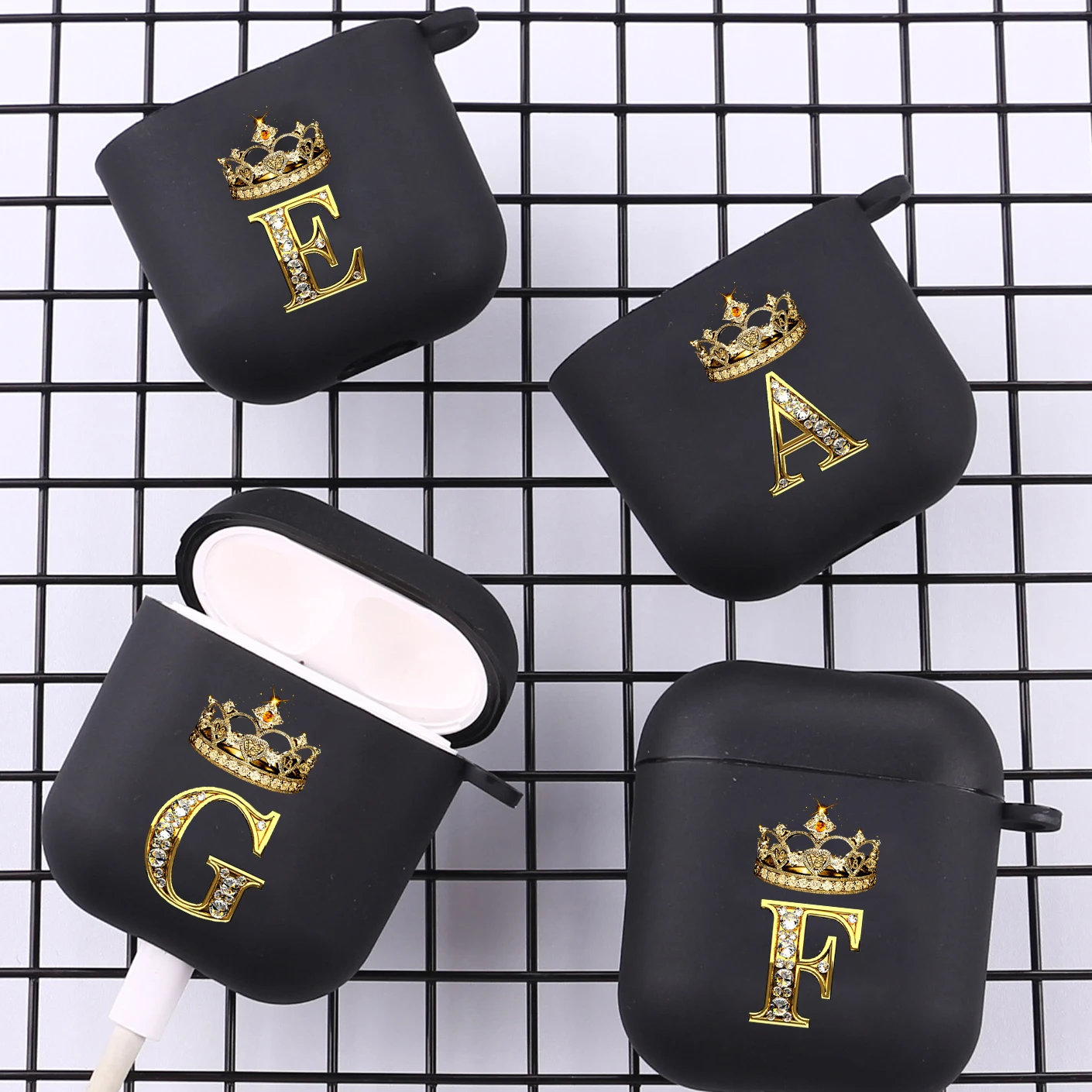 Diamond Crown Letter Hook Case - Black TPU Soft Earphone Cover