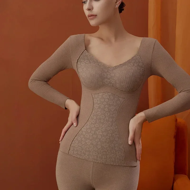 new beautiful house thermal underwear top women with chest pad removable thick V-neck super elastic large size explosion