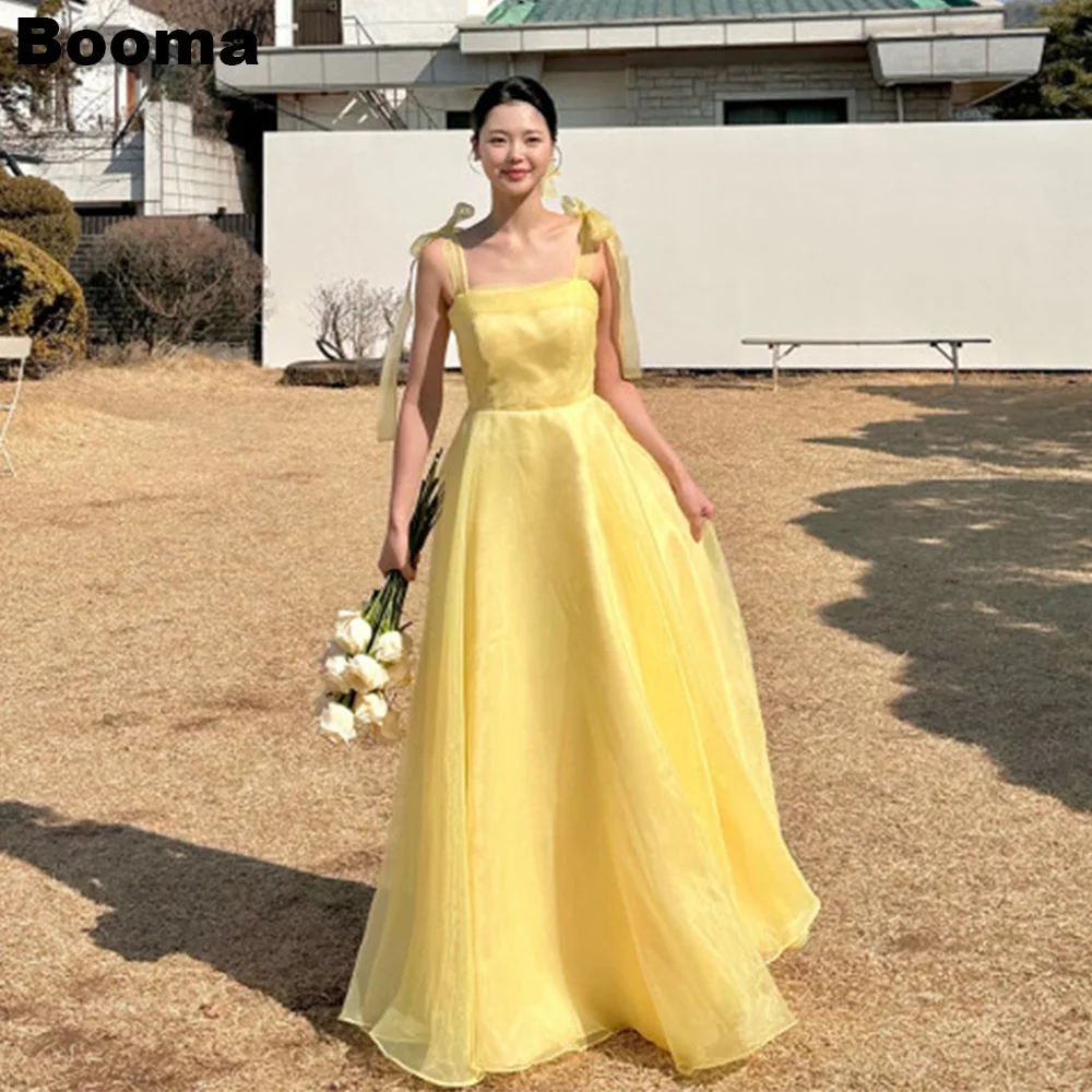 

Booma Simple A Line Yellow Organza Evening Party Dresses Korea Adjustable Straps Floor Length Prom Gowns Wedding Photoshoot