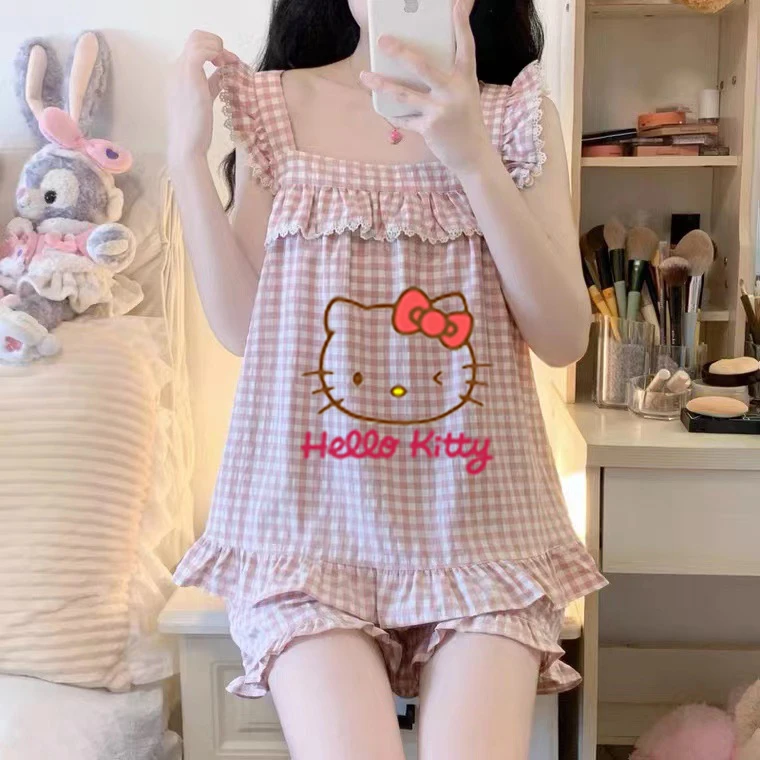 

Hello Kitty Women Pajamas Kawaii Sanrio Summer Wind Sweet and Cute Sling Pajamas Summer Cartoon Short-Sleeved Shorts Homewearset