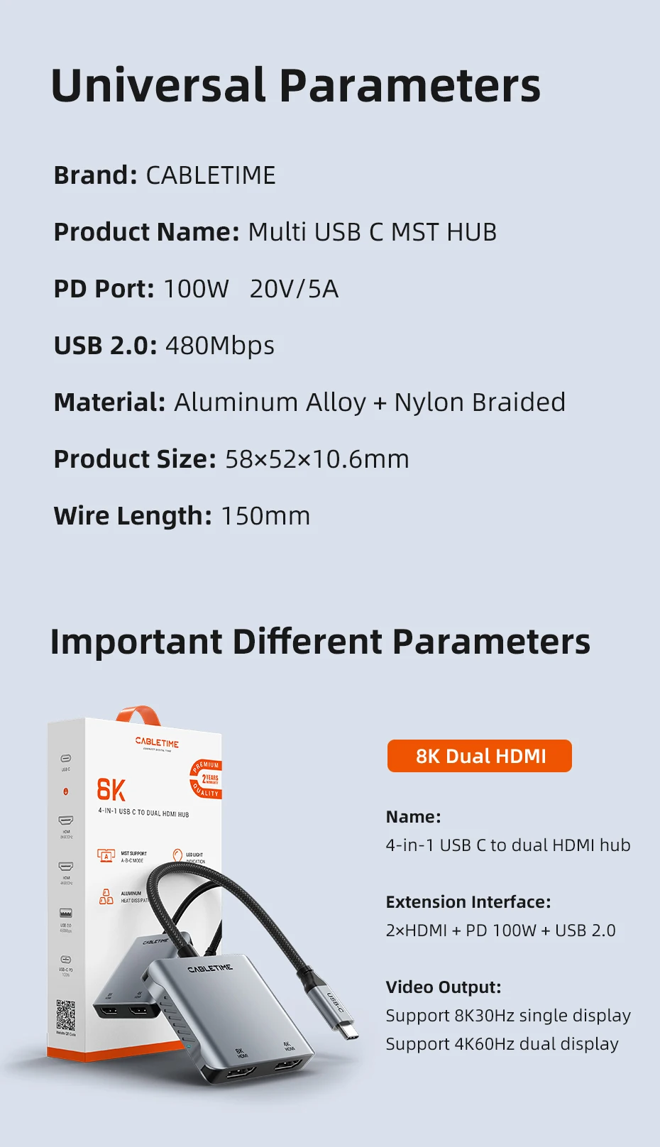 100W, Dual Display para Laptop, Dell Asus C442, 8K, 30Hz, 4K, 120Hz