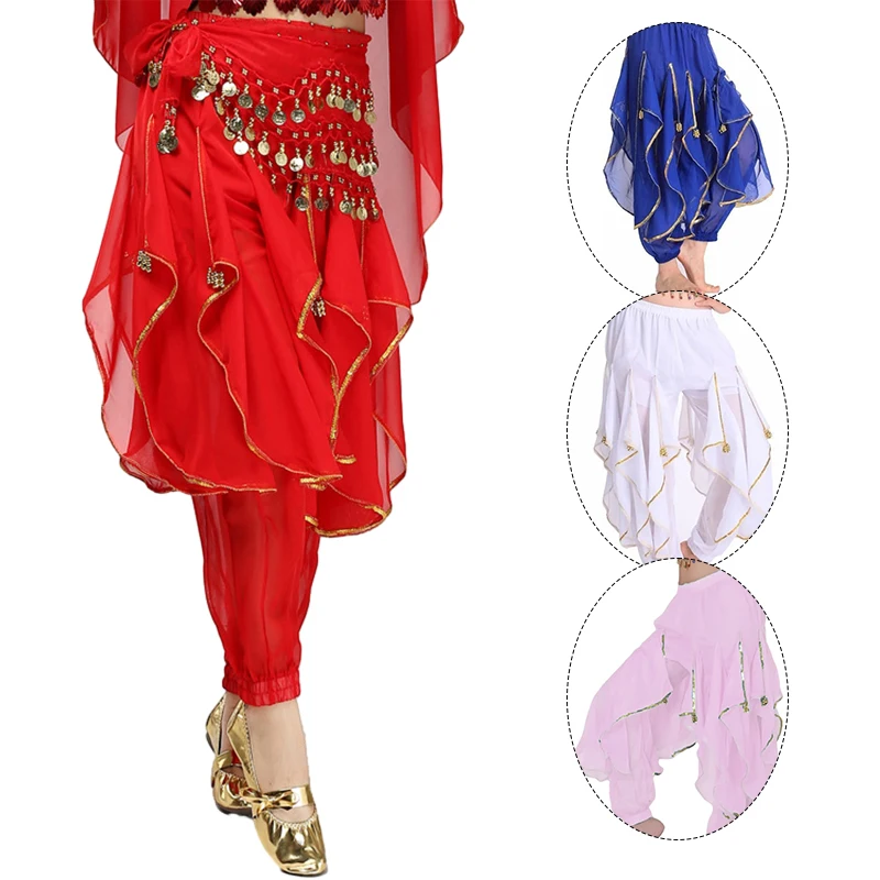Women's Belly Dance Harem Pants Costume Coins Lantern Pants with Gold Trim Arabic Halloween Trousers Practice Chiffon Bloomers
