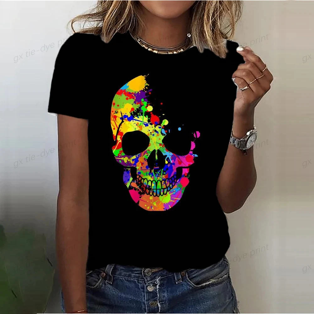 3D Flower Skull Print Summer Women's T-shirt O-neck Short