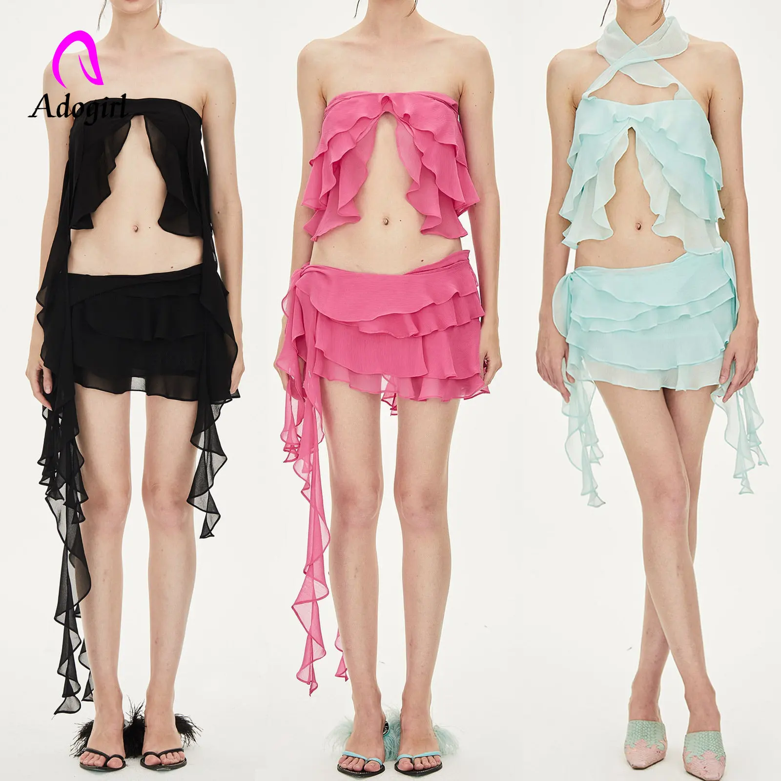 

Ruffles Women 2 Piece Set Off Shoulder Crop Top Lace Up Hip Skirts Matching Set 2023 Summer Holiday Sexy Beach Bathing Outfits