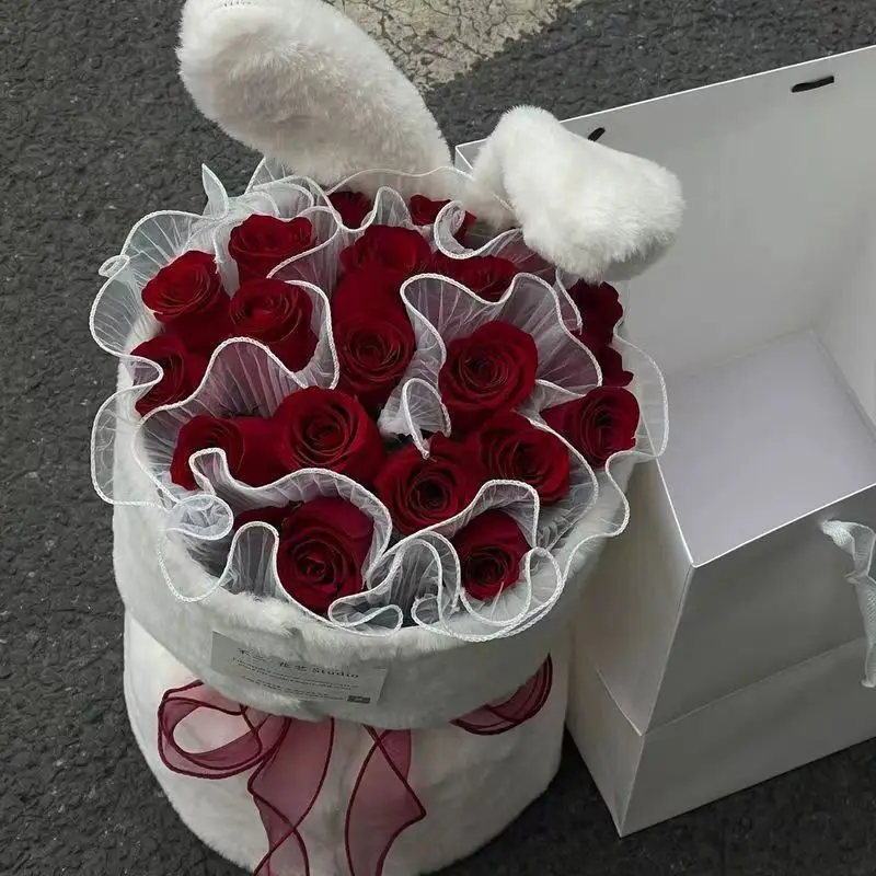 Handmade Rabbit Ears Plush Rose Bouquet With Simulation Soap Flowers 