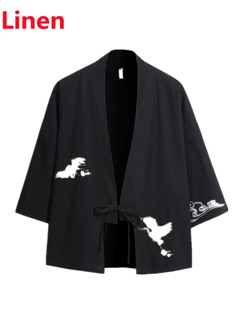 Crane Embroidery Haori Kimono Harajuku Japanese Style Plus Size Men Samurai Costume Yukata Asian Clothes Cardigan Women Jacket black