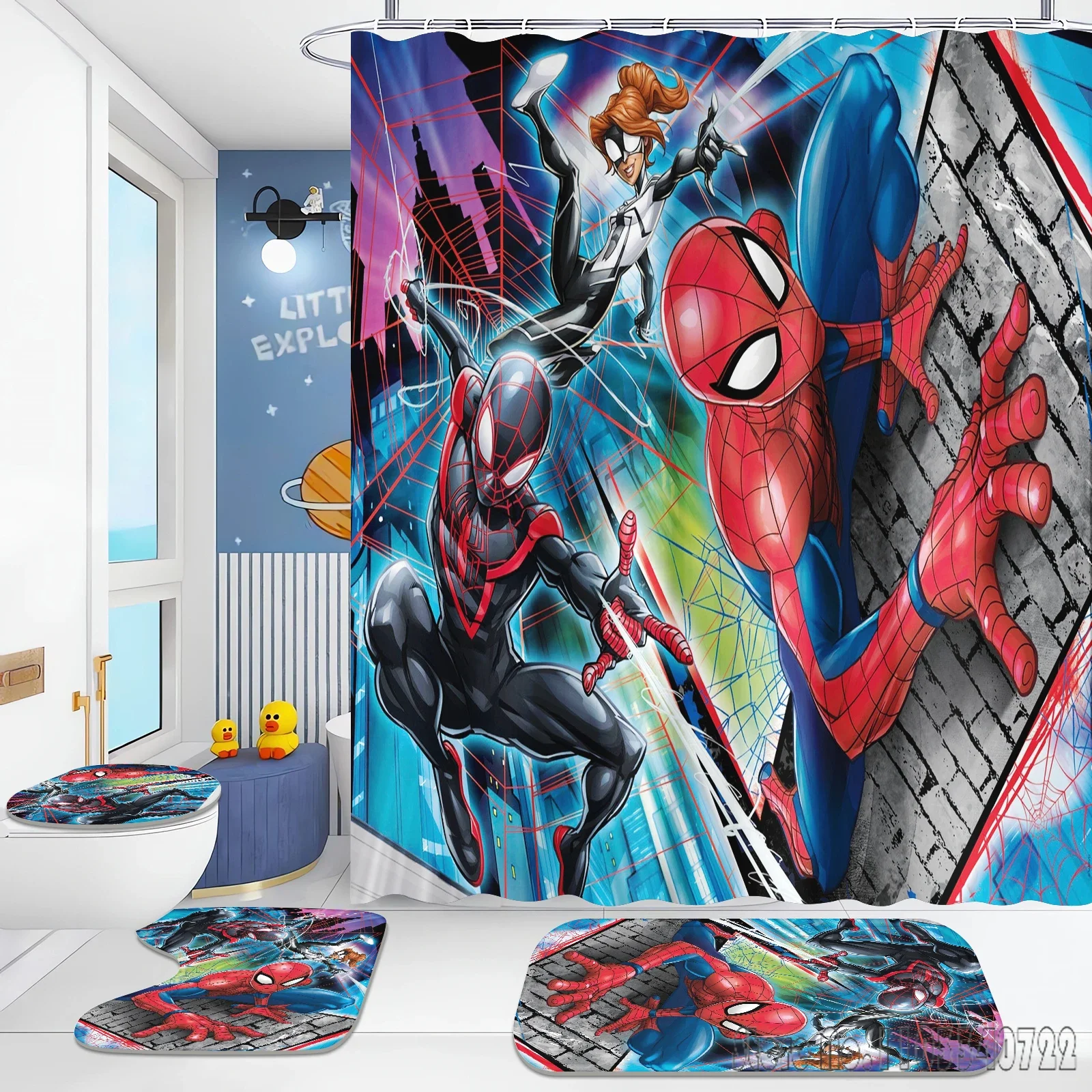 Boys Spider Man Anime Bath Shower Curtain Set 4pcs with Hooks Waterproof Bathroom Toilet Mat Lid Decor 2