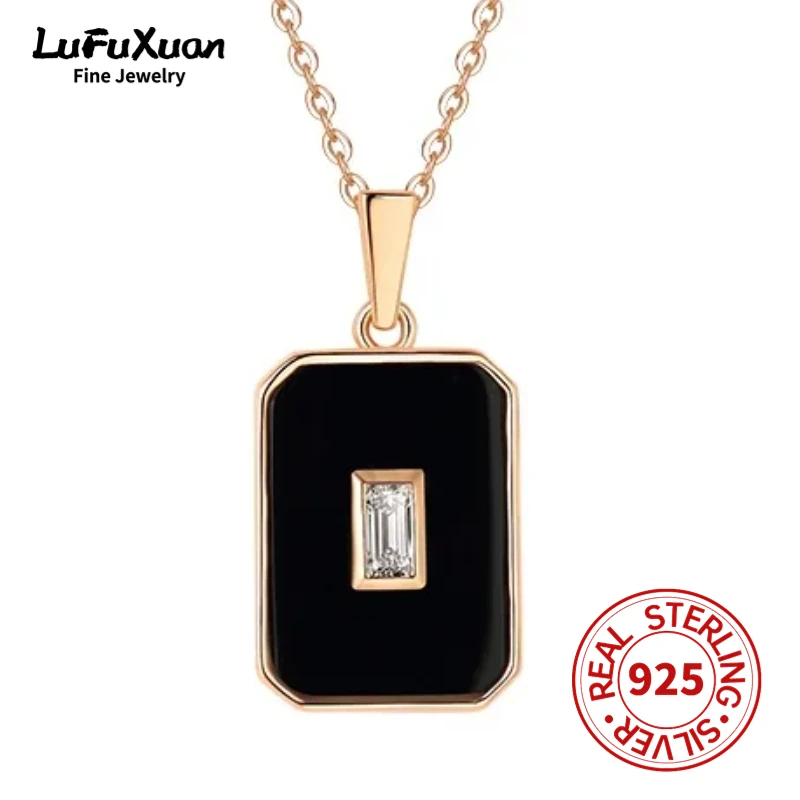 

LuFuXuan sterling silver s925 black agate geometric pendant simple and versatile girl fashion collarbone chain necklace