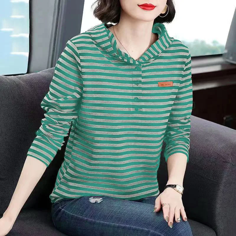 여성용 후드 풀오버 스트라이프 단추 스티치 루즈 레저 다용도 긴팔 스웨터, 새로운 패션 트렌드, 용수철 및 가을