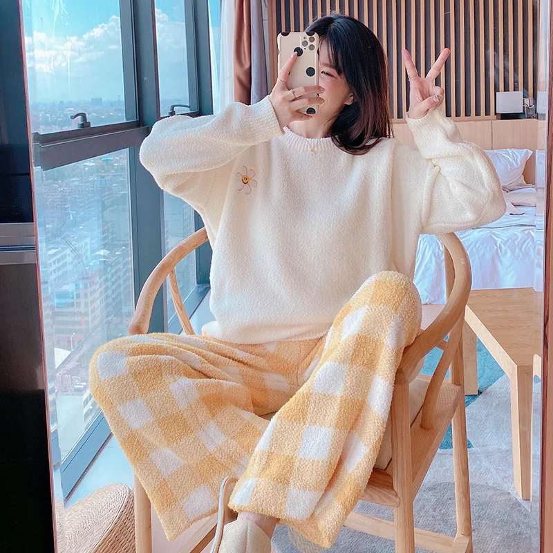 Thick Home Clothes Suit Coral Fleece Pajamas Set Women Winter Ins Soft Cute Print Plaid Internet Celebrity Influencer Loungewear