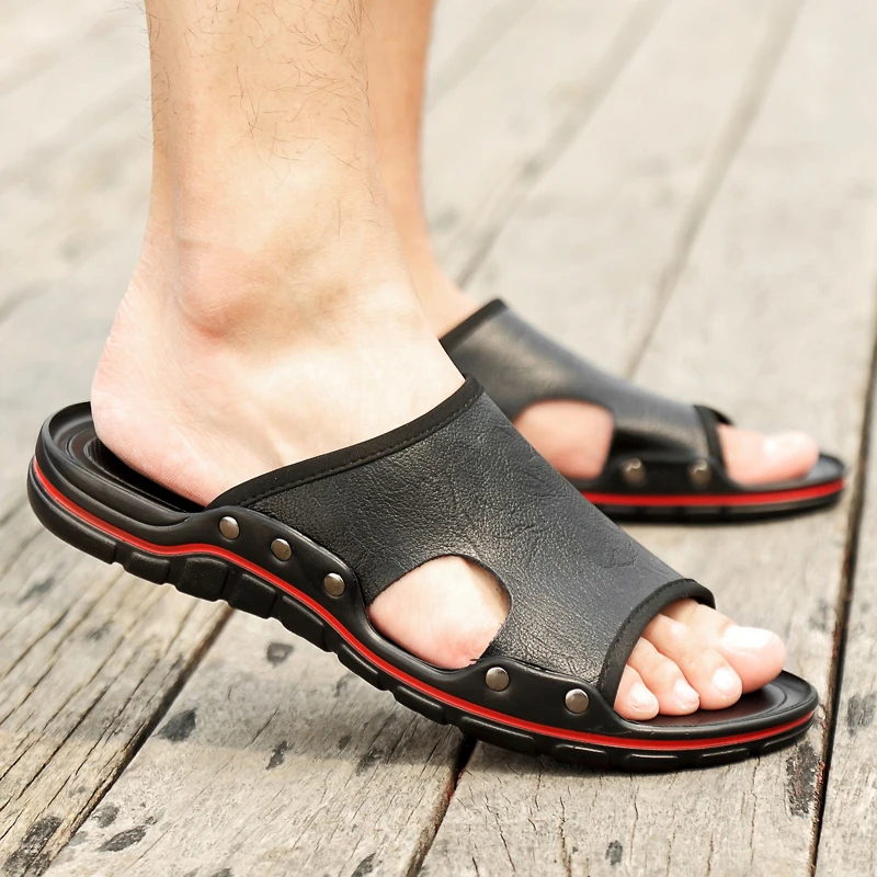 Summer Black Sandals Men Genuine Leather Cool Slippers Man Comfortable