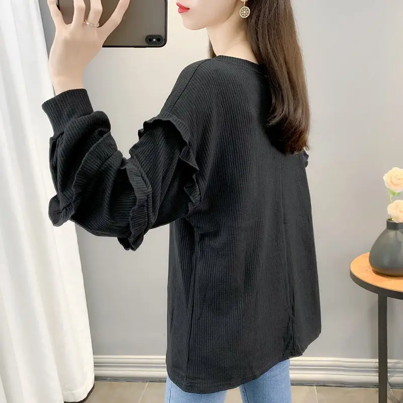 Solid Color Lantern Sleeve Ruffles Blouses Screw Thread Pullovers Loose V-neck Simplicity Women's Clothing Autumn Winter Thin