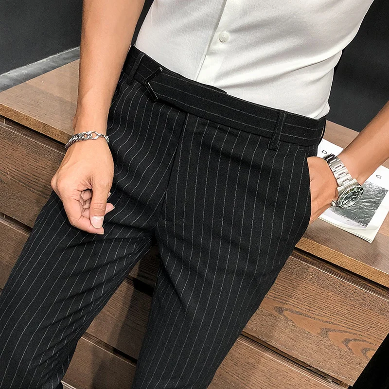 black blazer for men Style British Suit Pants Men Dress Pants Social Slim Fit Office Trousers Men Grey 2022 Spring New Striped Belt Trousers Men's casual blazer