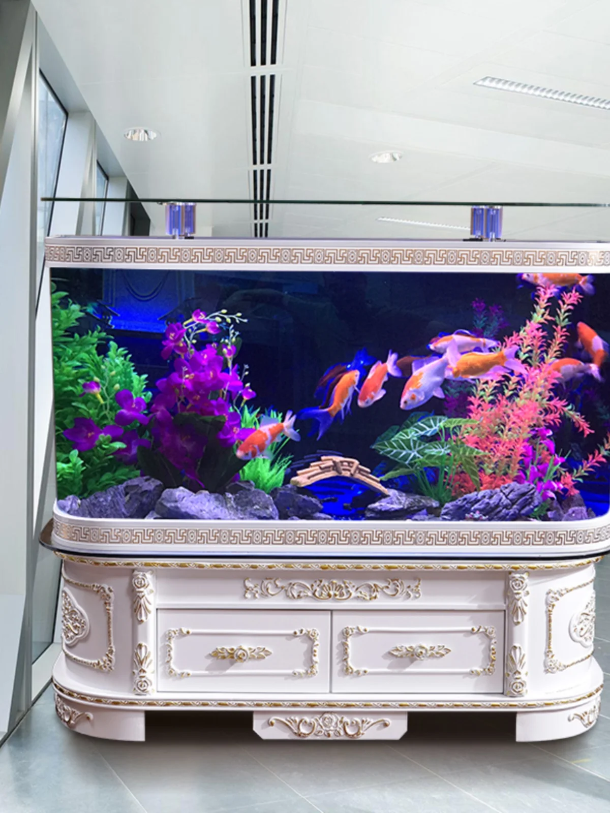 

European style fish tank, ecological glass aquarium, ultra white curved living room, no need to change water for household use