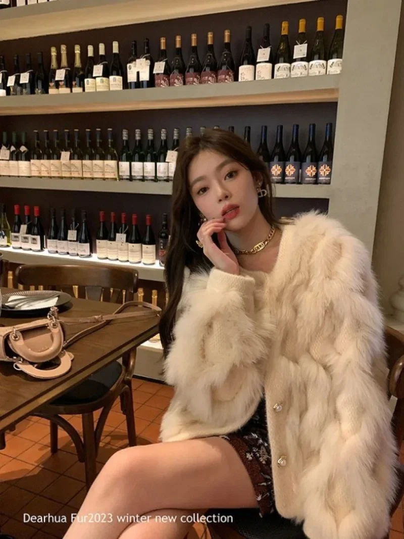 2023 Autumn Winter New White Fox Spokes Short Fur Knitted Elegant Socialite Younger Overcoat Female Furry Jacket Women's Clothes