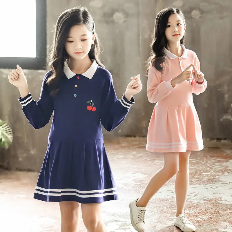 

Long Sleeve Kids Dresses for Girls Vintage Turn-Down Collar Dress For Girls Spring Autumn Princess Casual Clothing Age 4-13T