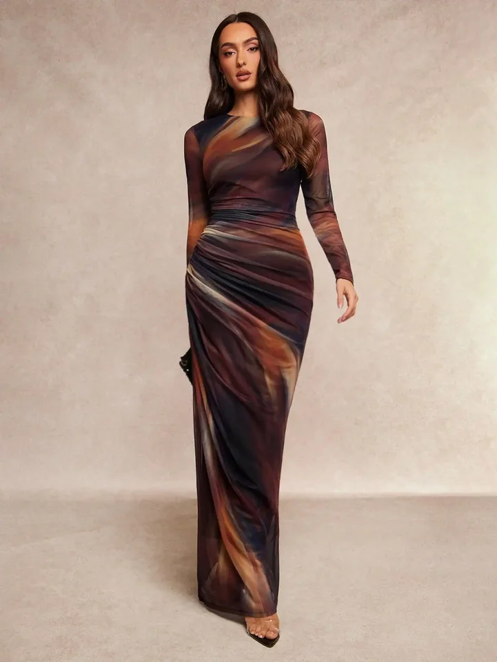 Abstract Brown Gradient Sheer Maxi Dress Long Sleeve