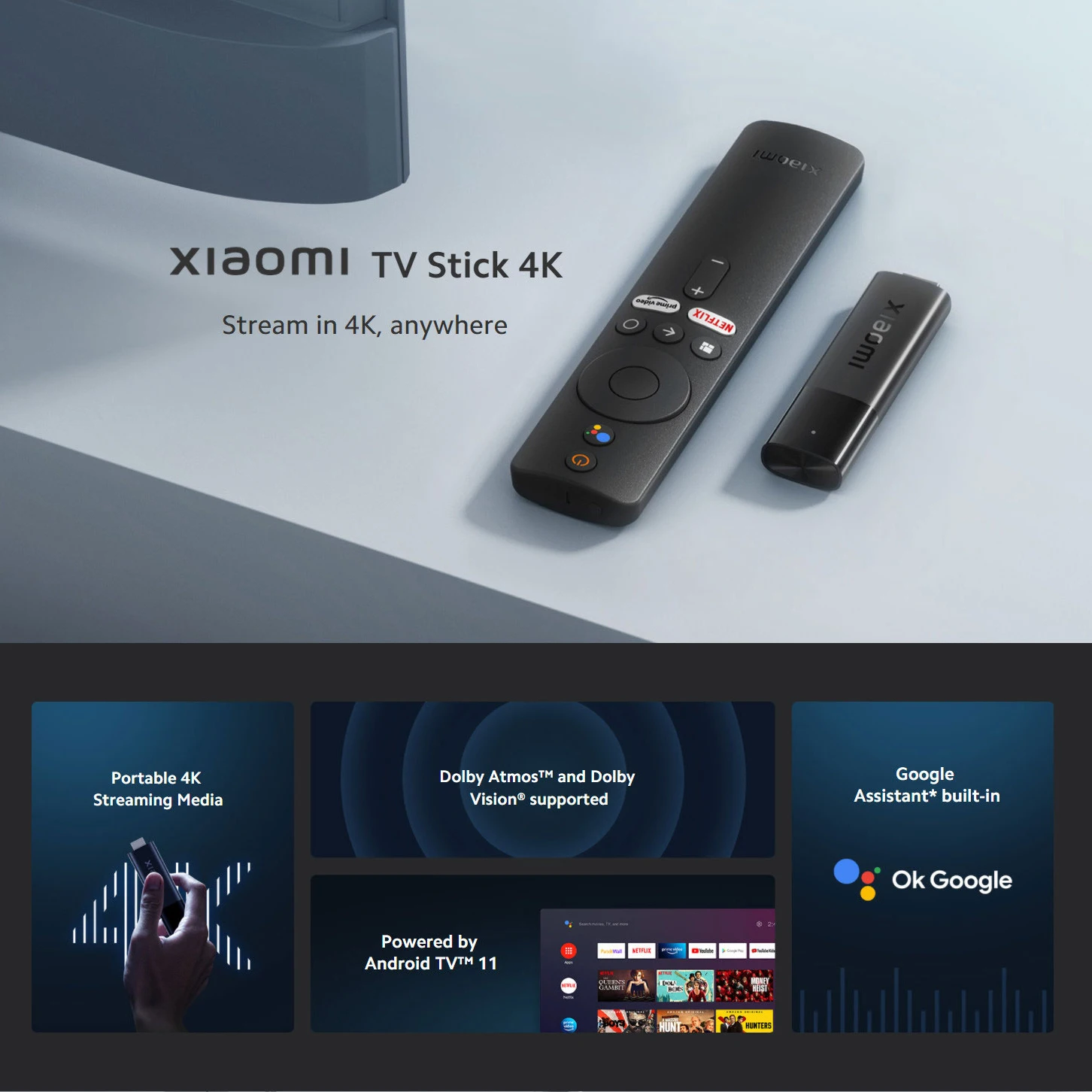 Global Version Xiaomi TV Stick 4K Android TV™ 11 Bluetooth 5.0 Wi-Fi  2.4GHz/5GHz Portable Streaming Media TV Dongle