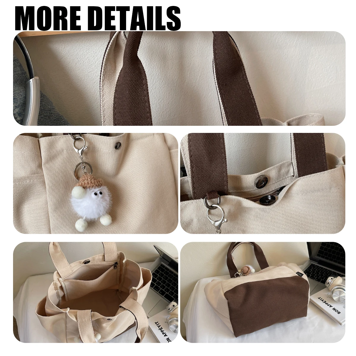 Large Capacity Canvas Bag for Women, Japanese Style Student Tote Bag for Class, Versatile Casual Zipper Shoulder Bag for Commuting to Work