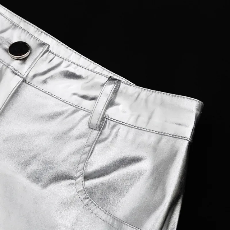Pantalones de PU plateados para mujer, moda 2025, cintura alta, sueltos, pierna ancha, ropa de fiesta para chicas, ropa de calle, pantalones largos para mujer, otoño