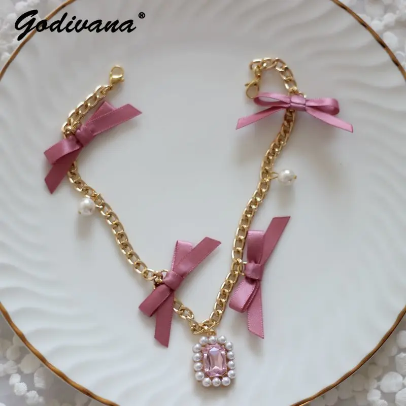 Japanese Sweet Lolita Pearl Rhinestone Bow Bag Pendant Handmade Dream Bag Hanging Chain Pendant Pink Bow Charms for Handbag