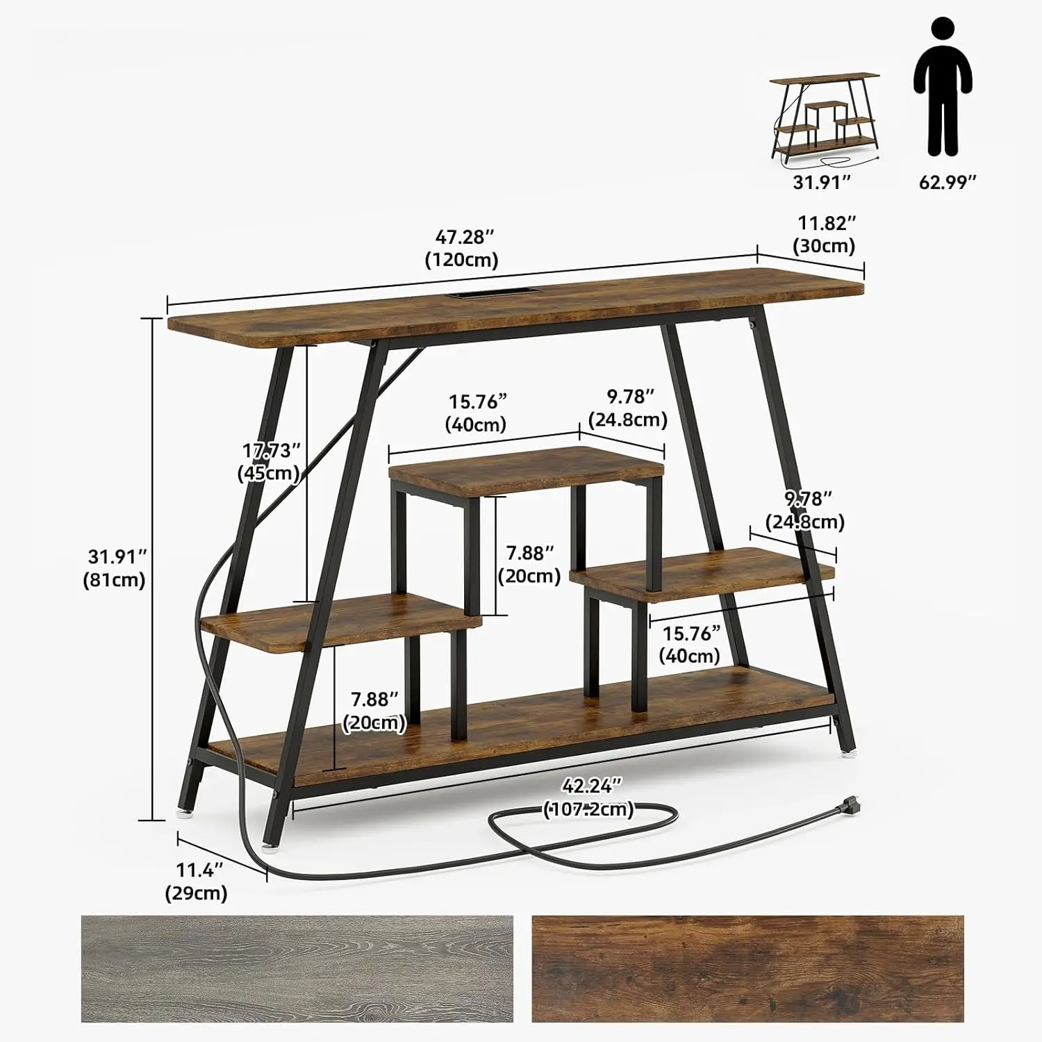 47.2" Narrow Entryway Table with Power Outlets, Industrial 4-Tier Console Table with Storage, Small Sofa Table Behind The Couch
