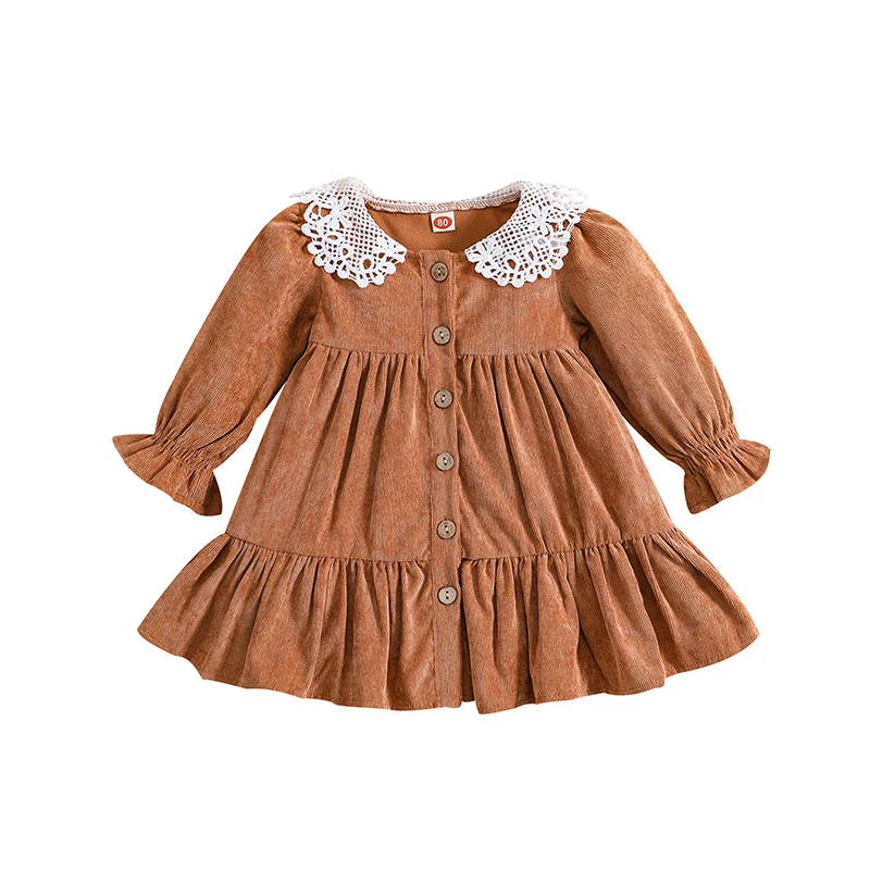 

Kids Girls Corduroy Dress Long Sleeve Dress Lace Patchwork Pleated Fall A-line Dress