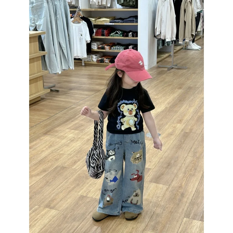 여아용 와이드 레그 팬츠, Children2-7Baggy 스트레이트 팬츠, 올드 아동용 청바지, 2024 여름 신상